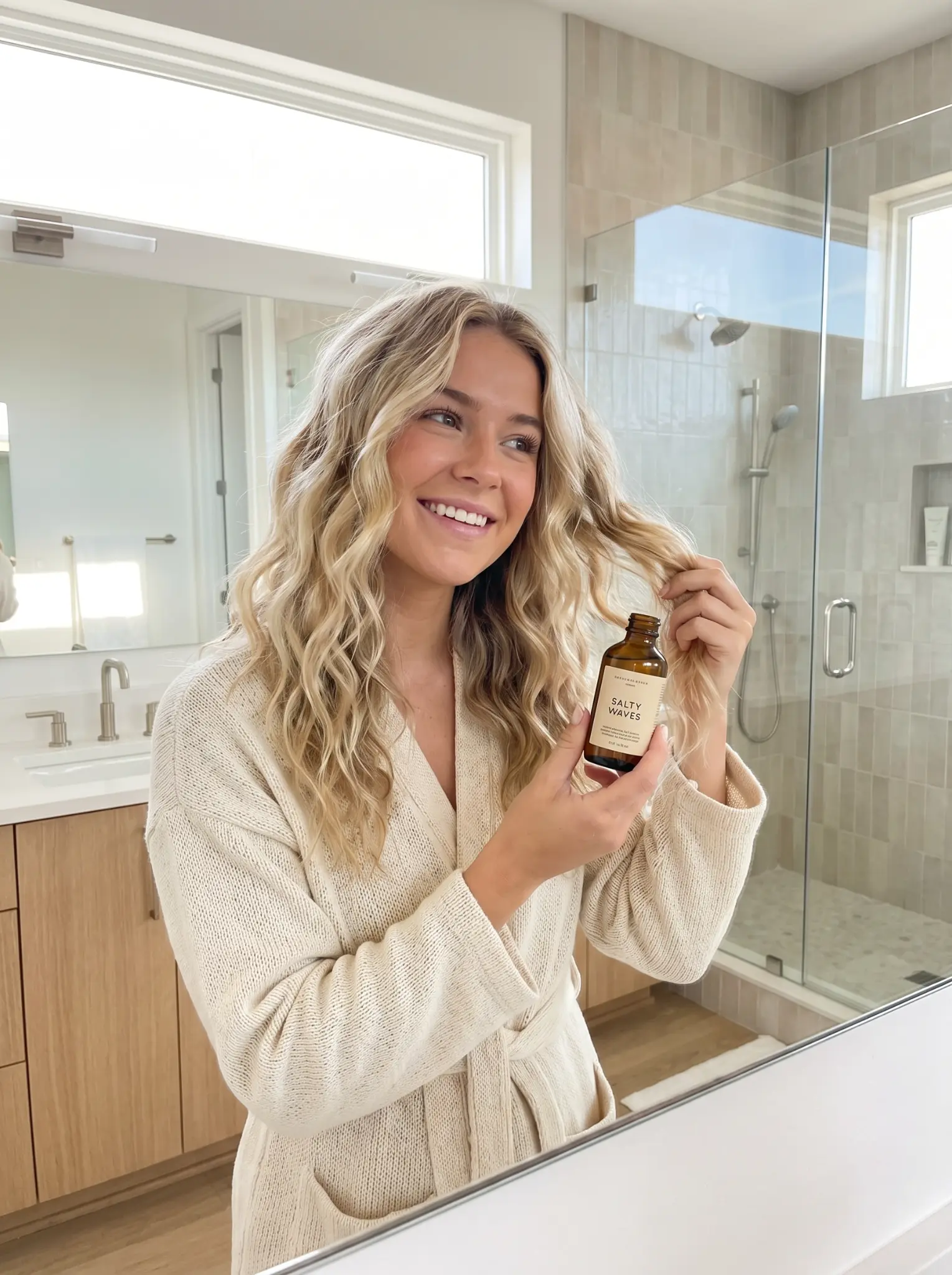 Morning hair routine in bathroom